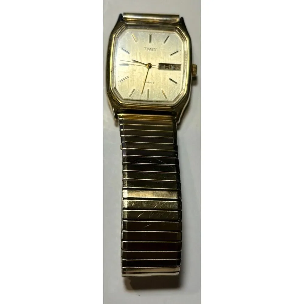 Vintage 1990 Timex LA Cell Gold Tone Day-Date Watch – New Battery & Stretch Band